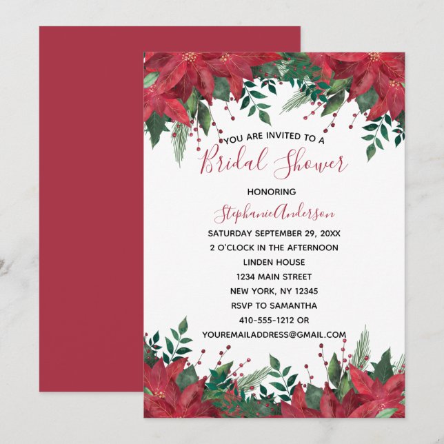 Poinsettia Red Winter Christmas Bridal Shower Invi Invitation (Front/Back)