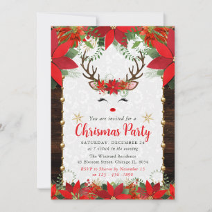 Poinsettia & Reindeer Face Christmas Party Invitation
