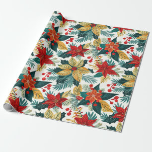 Poinsettia Retro Festive Christmas Wrapping Paper 