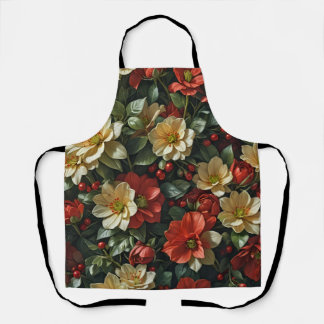 Poinsettia, retro flowers in red and green apron