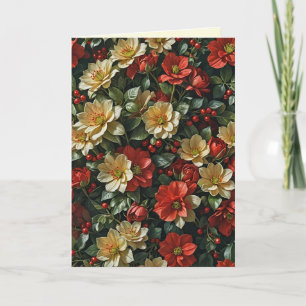 Poinsettia, retro flowers in red and green card