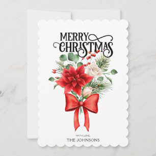 Poinsettia Roses Christmas Flower Bouquet Holiday Card