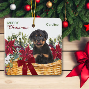 Poinsettia Rottweiler Puppy Christmas Basket Ceramic Ornament