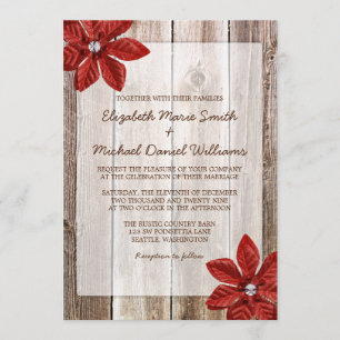 Poinsettia Rustic Barn Wood Wedding Invitations