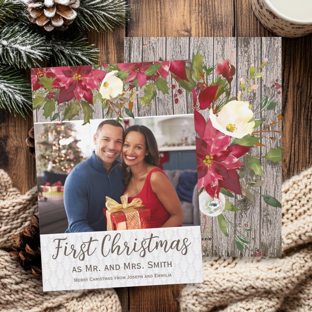 Poinsettia Rustic Wood Photo 1st Christmas Mr. Mrs Holiday Card (Rustic wood and poinsettias 1st Christmas as Mr. and Mrs. photo greeting card)