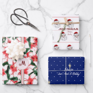 Poinsettia Santa Claus Star of Bethlehem Christmas Wrapping Paper Sheet