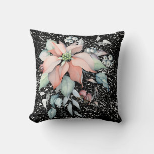 Poinsettia Snow scene, black, berries, 2 sided Cushion