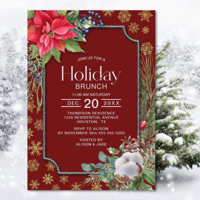  Poinsettia Snowflakes Holiday Brunch Invitation (Creator Uploaded)