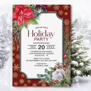 Poinsettia Snowflakes Holiday Party Invitation