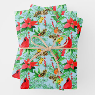 Poinsettia Spruce Branches Cones Robin Cardinals  Wrapping Paper Sheet