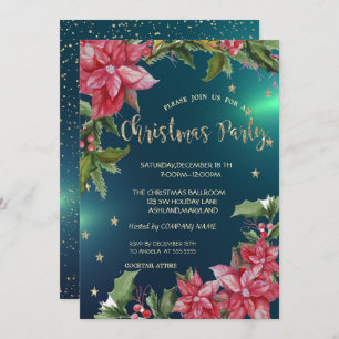 Poinsettia, Stars Green Company Christmas Party Invitation