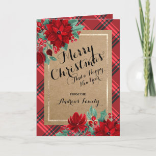 Poinsettia Tartan Kraft Rustic Merry Christmas Holiday Card
