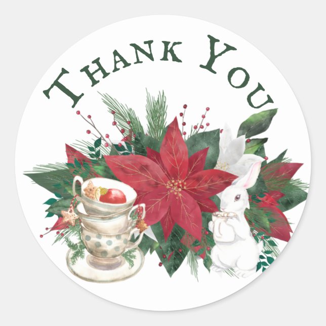 Poinsettia Teacups Rabbit Christmas Thank You Classic Round Sticker (Front)