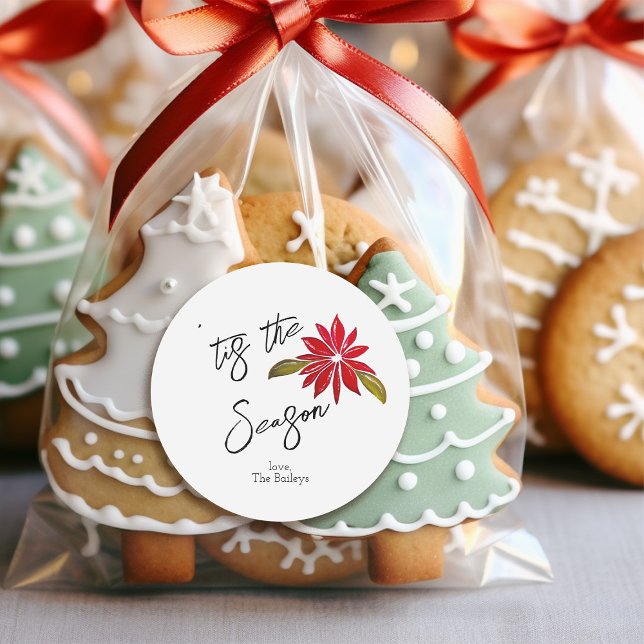 Poinsettia Tis the Season Christmas Party Favour Classic Round Sticker (Creator Uploaded)