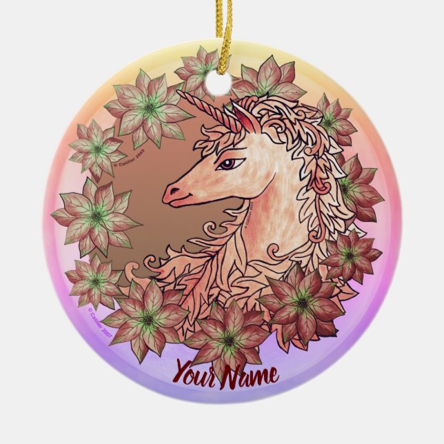 Poinsettia Unicorn Ceramic Tree Decoration (Front)