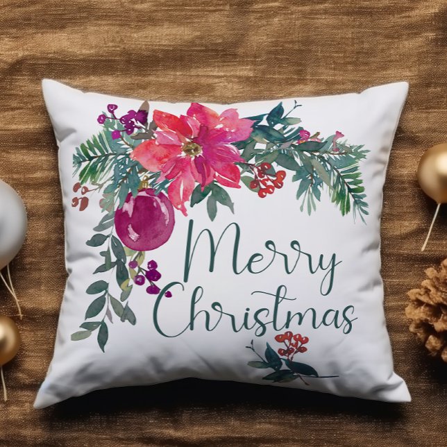 Poinsettia Watercolor Add Name Merry Christmas Cushion (Creator Uploaded)