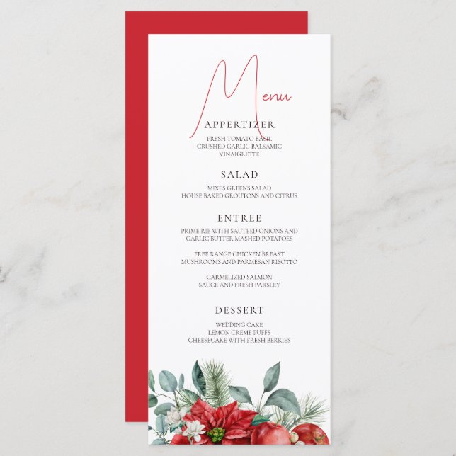 Poinsettia Watercolor Christmas Party Menu (Front/Back)