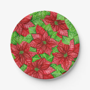 Poinsettia watercolor Christmas pattern Paper Plate