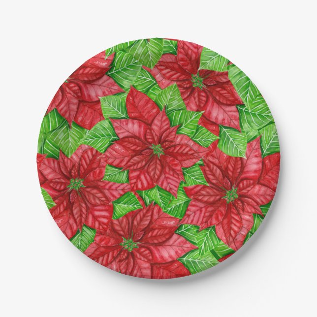 Poinsettia watercolor Christmas pattern Paper Plate (Front)