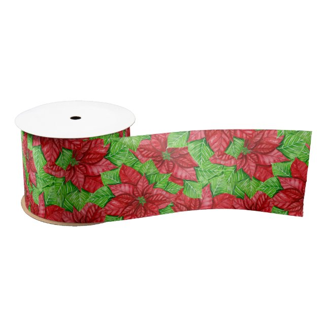 Poinsettia watercolor Christmas pattern Satin Ribbon (Spool)