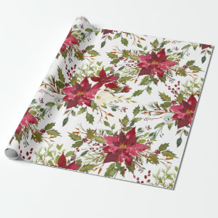 Poinsettia Watercolor Floral Christmas Gift Wrapping Paper
