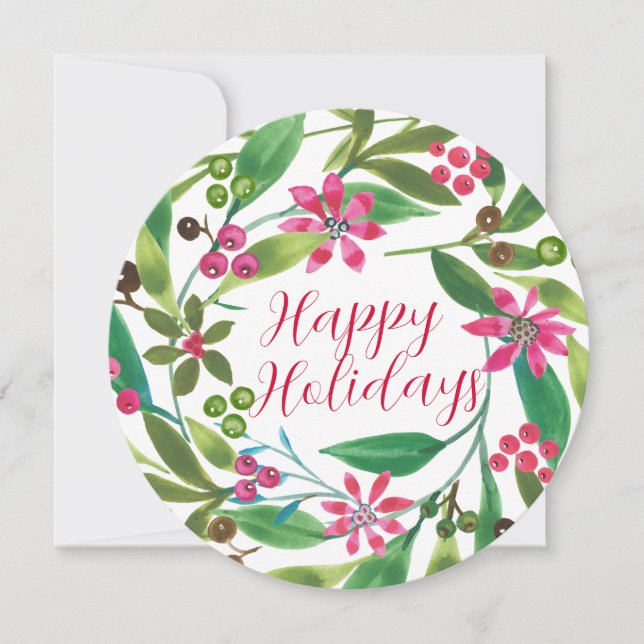  Poinsettia Watercolor Wreath Holiday Card (Front)