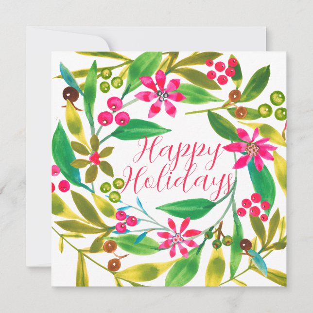  Poinsettia Watercolor Wreath Holiday Vibrant Card (Front)
