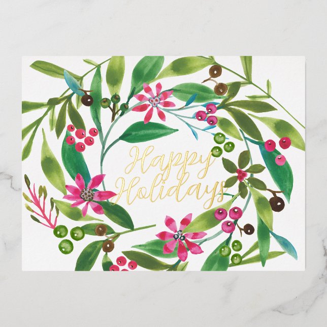 Poinsettia Watercolor Wreath Real Foil Holiday Postcard (Front)