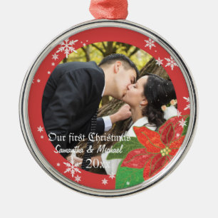 Poinsettia Wedding Couple's First Christmas Gift Metal Tree Decoration