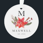 Poinsettia Winter Botanical Monogram Christmas Ornament<br><div class="desc">Elegant Christmas ornament for a newlywed or new family featuring watercolor illustration of poinsettia with winter greenery. Add your initial at the top and photo on the back.</div>
