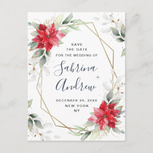 Poinsettia Winter Greenery Wedding Save the Date Postcard