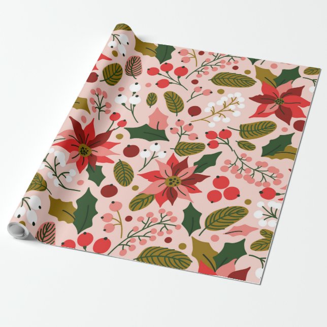 Poinsettia winter holiday wrapping paper (Unrolled)
