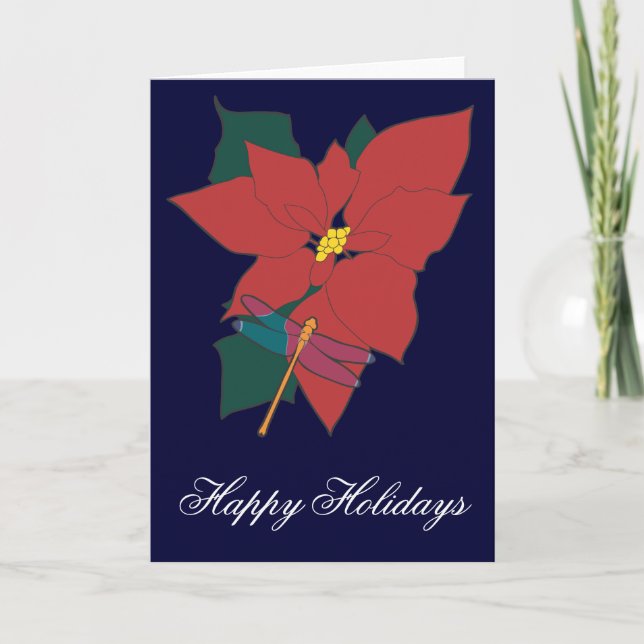 Poinsettia with Dragonfly Holiday Card (Front)