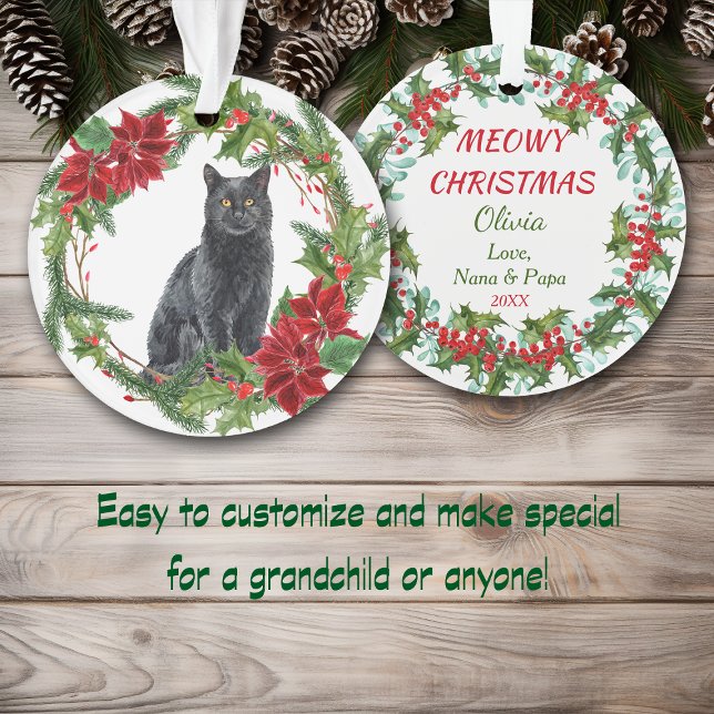 Poinsettia Wreath Black Cat Grandchild Ornament (Creator Uploaded)