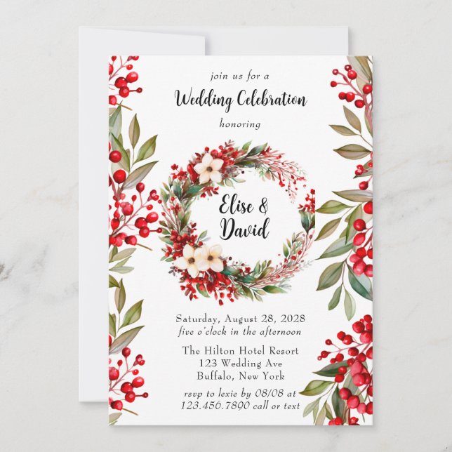 Poinsettia Wreath Christmas Wedding Celebration  Invitation (Front)
