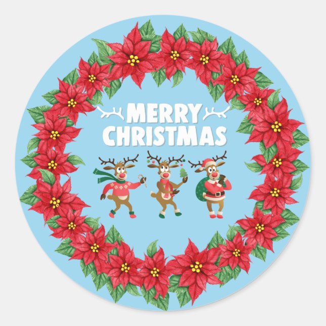 Poinsettia Wreath Dancing Reindeer Merry Christmas Classic Round Sticker (Front)