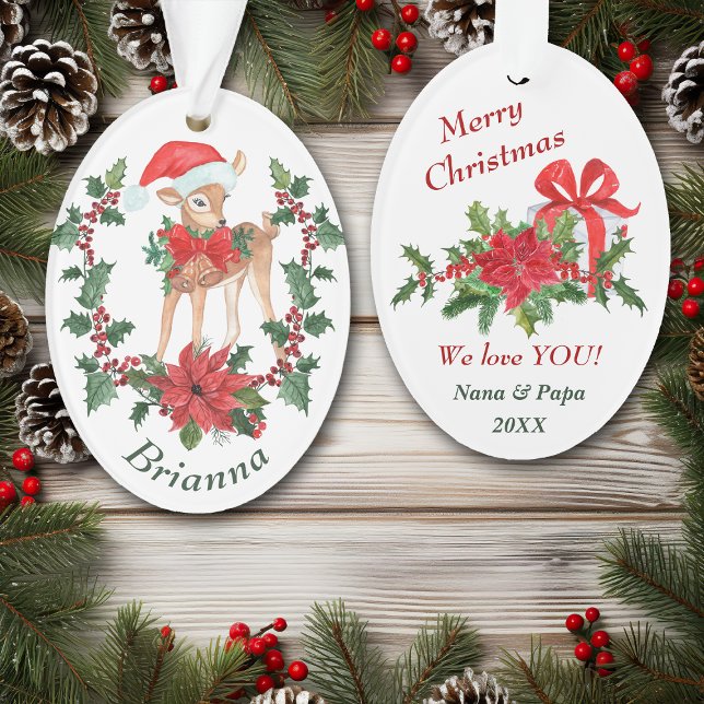 Poinsettia Wreath Deer Fawn Kids Christmas Ornament (Creator Uploaded)