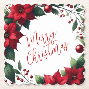Poinsettia Wreath – Elegant Christmas Florals Paper Coaster