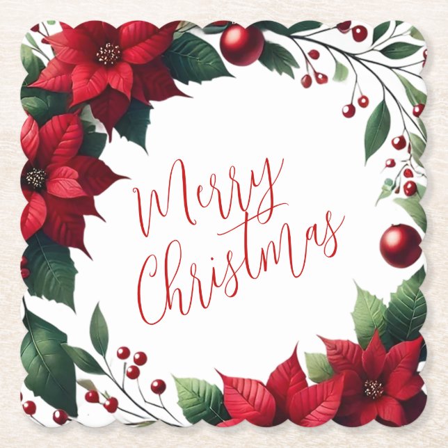 Poinsettia Wreath – Elegant Christmas Florals Paper Coaster (Front)