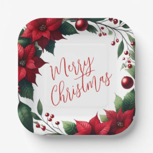 Poinsettia Wreath – Elegant Christmas Florals Paper Plate