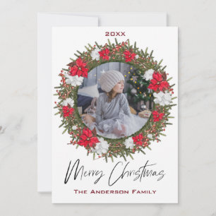 Poinsettia Wreath Floral Photo Merry Christmas Holiday Card