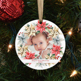 Poinsettia Wreath & Photo Baby's First Christmas Ceramic Tree Decoration