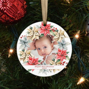 Poinsettia Wreath & Photo Baby's First Christmas Ceramic Tree Decoration