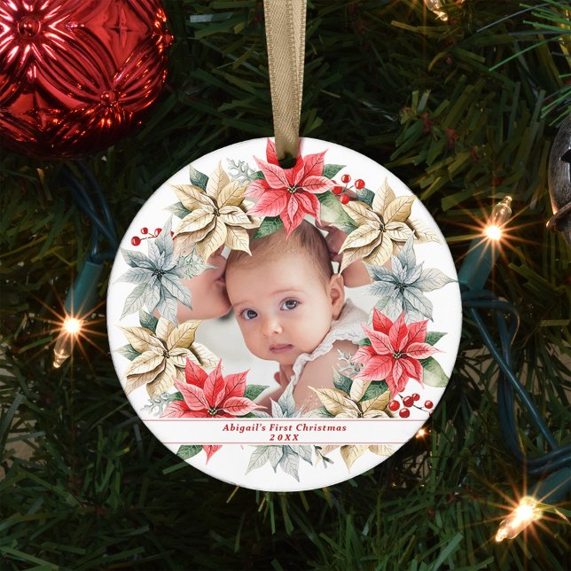 Poinsettia Wreath & Photo Baby's First Christmas Ceramic Tree Decoration (Creator Uploaded)