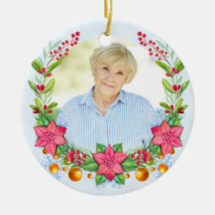 Poinsettia Wreath Photo Memorial Christmas Ceramic Tree Decoration