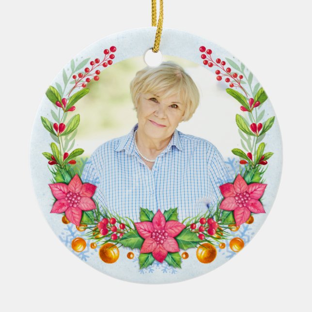 Poinsettia Wreath Photo Memorial Christmas Ceramic Tree Decoration (Front)