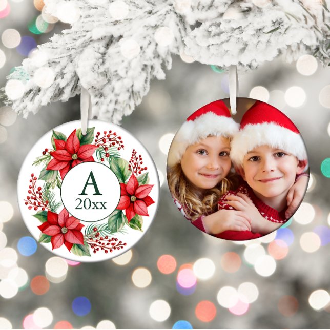 Poinsettia Wreath Photo Monogram Year  Ceramic Tree Decoration (Poinsettia wreath/monogram/year/photo Christmas ornament)