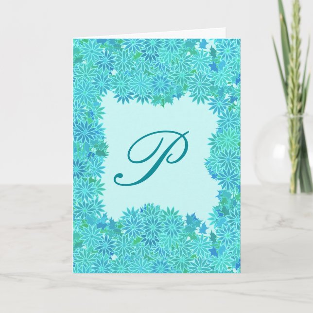 Poinsettia Wreath with Monogram, Turquoise Holiday Card (Front)