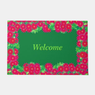 Poinsettia Wreath with Text, Red and Green Doormat