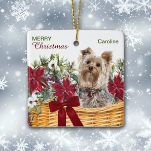 Poinsettia Yorkie Terrier Christmas Basket Ceramic Ornament
